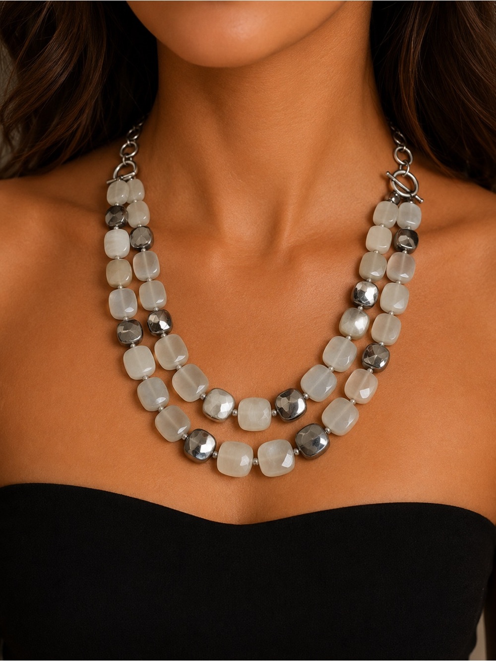 Silver Gray Cat Eye Modern Bead Statement Necklace Double Strand